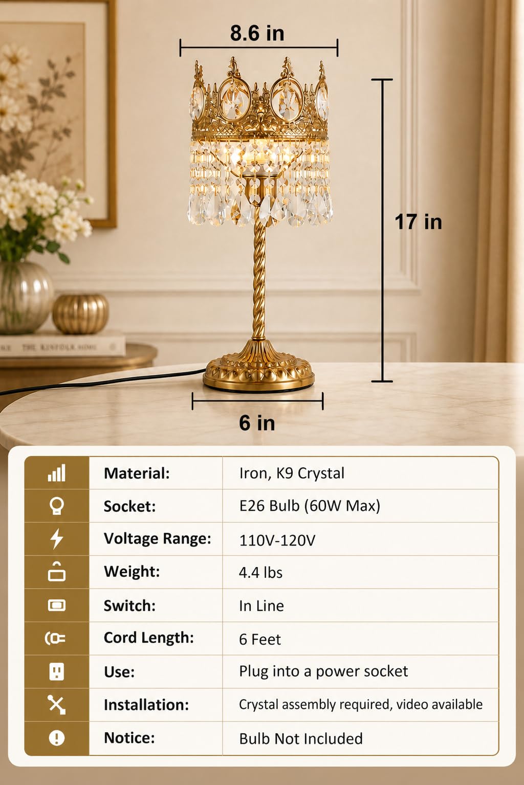 AuroraSpher 17" Gold Crystal Table Lamp for Bedroom, Cute Crown Shape Bedside Lamp for Nightstand, Modern Farmhouse Plug in Desk Lamp for Living Room, Home Office, Home Decor