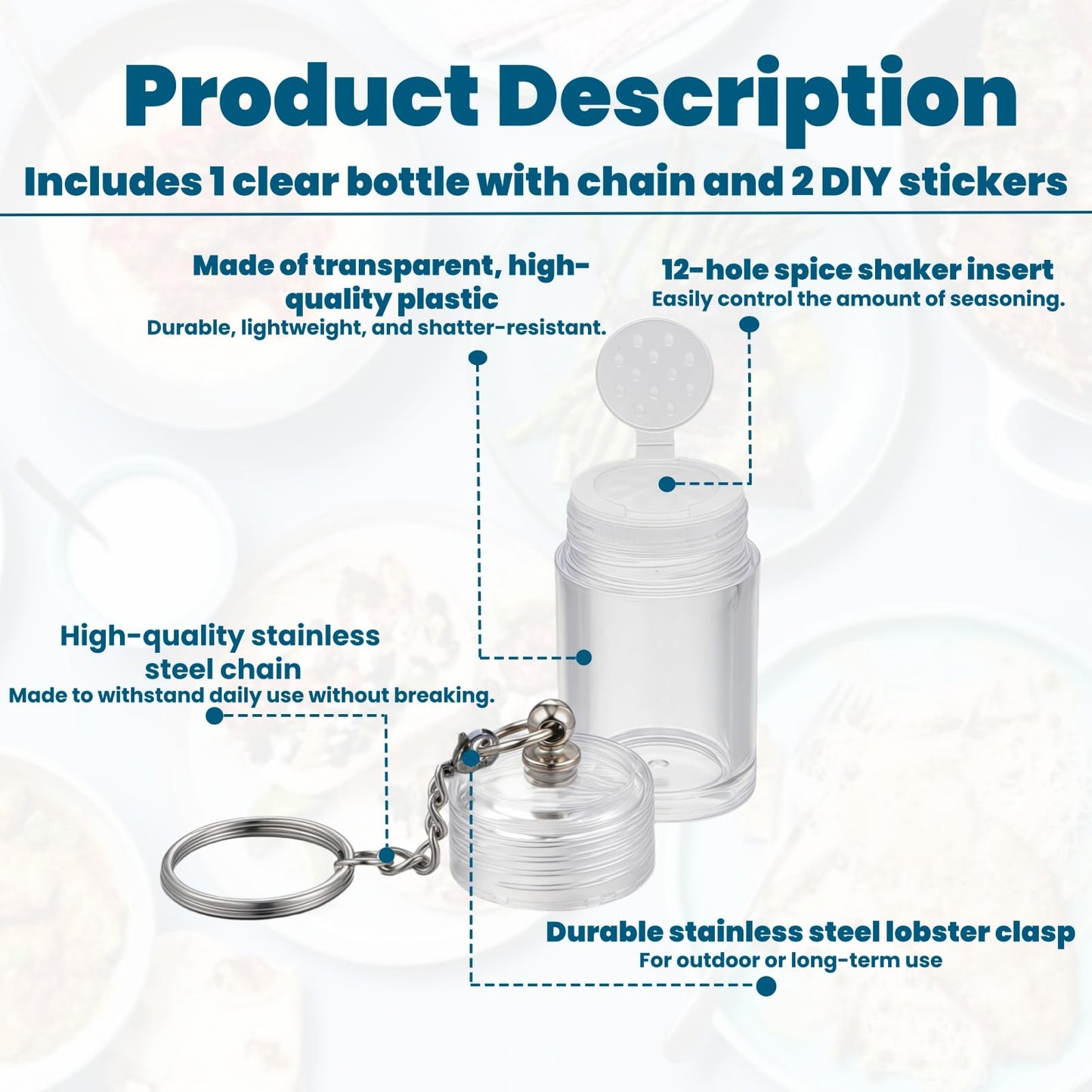 Mini Ground Black Pepper Keychain Bottle – Refillable AS Travel Pepper Shaker – Portable Spice Jar with 2 Stickers – Small Key Chain Shaker for Camping, Office, Picnics, Lunchboxes, Hiking