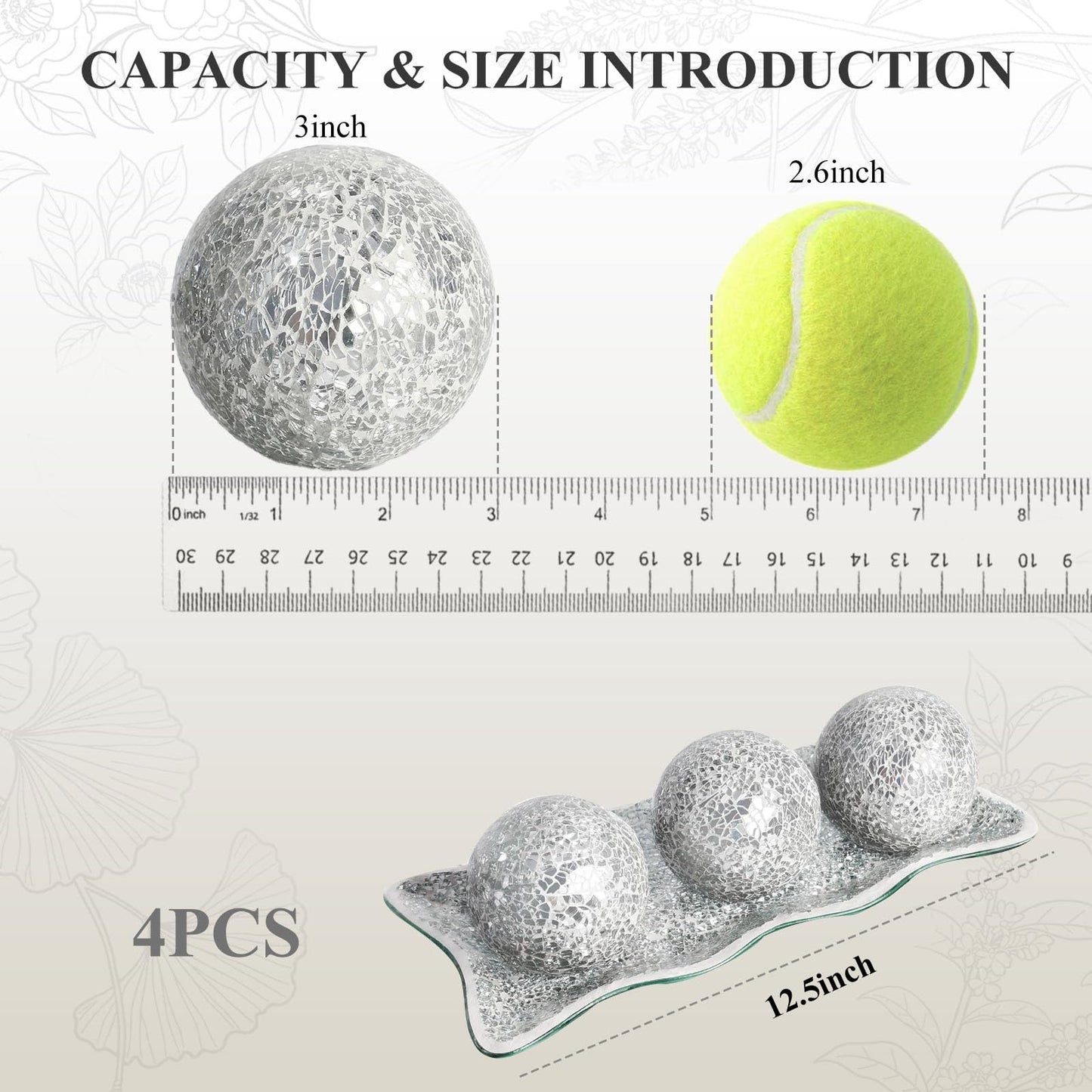 JOHOUSE 3PCS Decorative Balls with Tray, 3 Inch Silver Orbs Glass Balls for Centerpiece Bowls Mosaic Sphere for Home Decoration Dining Table