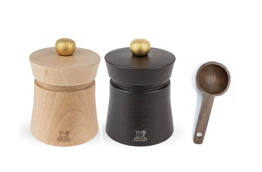 Peugeot Baya Salt And Pepper Mill Gift Set 3", Chocolate With Wood Spice Scoop
