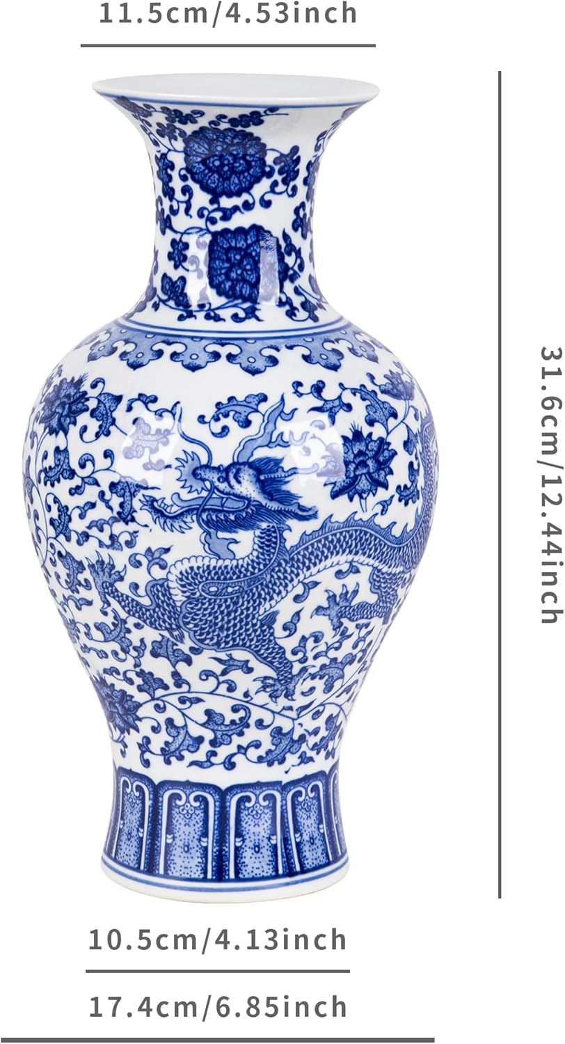 SILINE 12.4” Classic Blue and White Porcelain Vase, Art Decor Big Vase,China Jingdezhen Handmade Ceramic Flower Bottle -YuweiPing