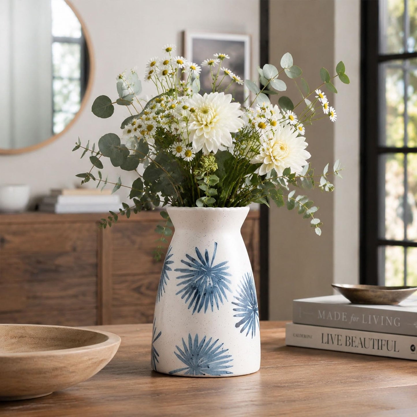 hjn Teal Ceramic Vase Modern Minimalist Table Centerpiece, Round Smooth Flower Holder for Living Room, Shelf, Mantel, Wedding & Home Decor -Cream-7" H