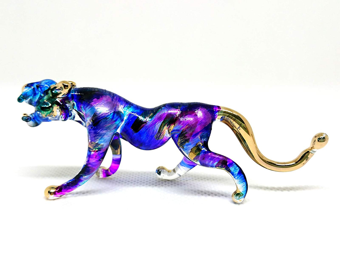 Sansukjai Tiger Miniature Figurines Hand Blown Glass Art Animals Collectible Gift Home Décor (Blue Purple)