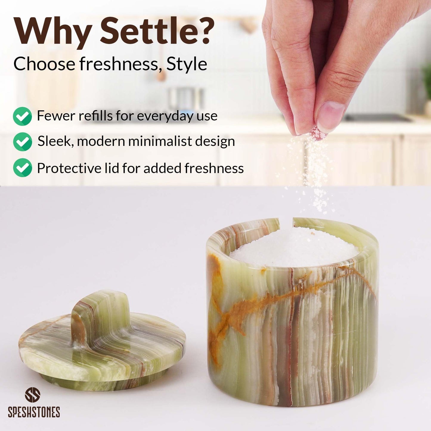 SPESHSTONES Marble Salt Cellar Handmade 4 Inch Green Salt Containers for Countertop - 5.2 Oz Salt Holder, Marble Sugar Bowl with Lid and Spoon, Spice Jars for Seasoning Container, Stone Salt Box