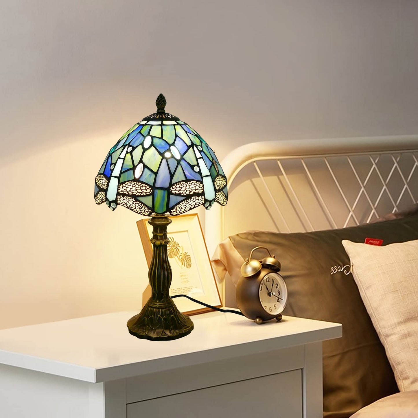 VirtueKing Tiffany Lamp Sea Blue Stained Glass Table Lamp 8X8X15 Inches Dragonfly Style Desk Reading Light Decor Beside Table Lamp for Bedroom Living Room Home Office