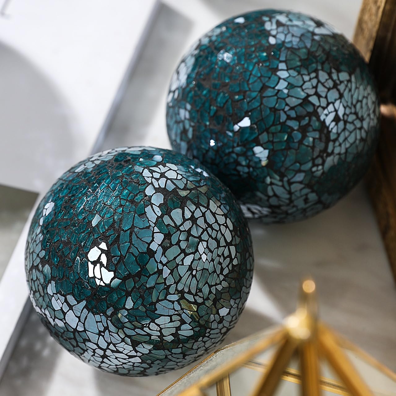 FresDécor Decorative Glass Mosaic Sphere Balls, 3 Inch Diameter, Set of 5, Table Centerpiece (Teal)