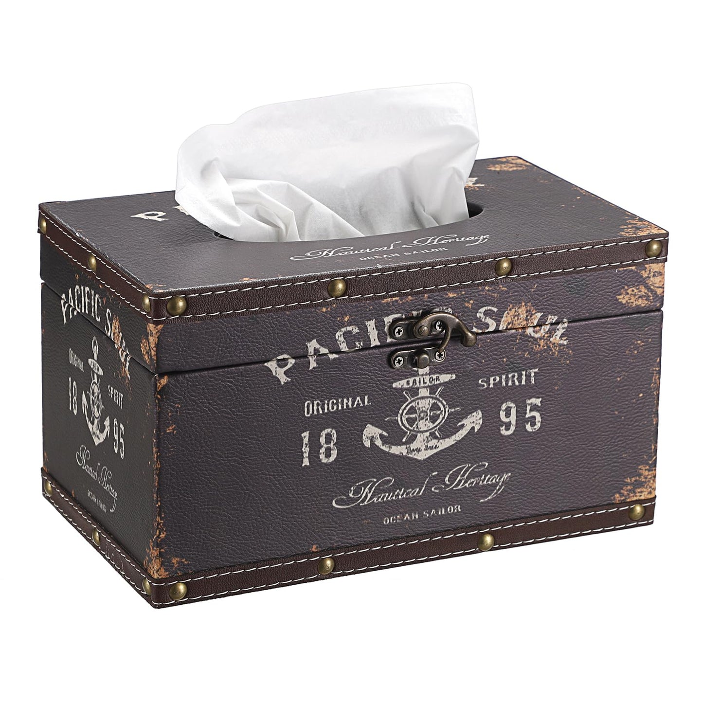 Sumnacon Tissue Box Cover Rectangle Wood Tissue Box with Hinged Lid, Vintage PU Tissue Box Holder Retro Brown Tissue Cover for Bathroom Toilet Bedroom Kitchen Office Table Desk, Large
