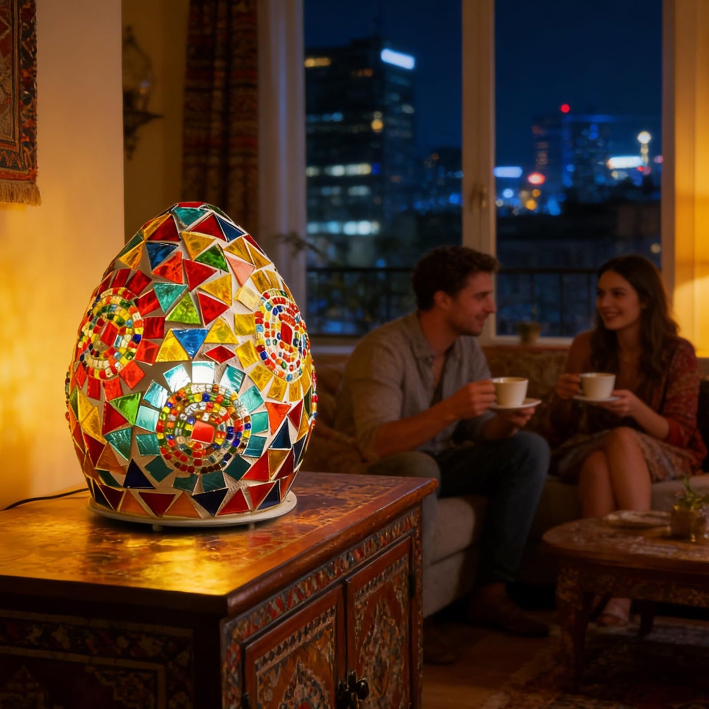 wpdash Rotating Egg-Shaped Tiffany Style Table Lamp (D:4.72" x H:5.91") Stained Glass Light with 360°Spinning Base Mosaic Night Light for Living Room Children's Room Festive Decoration & Gift