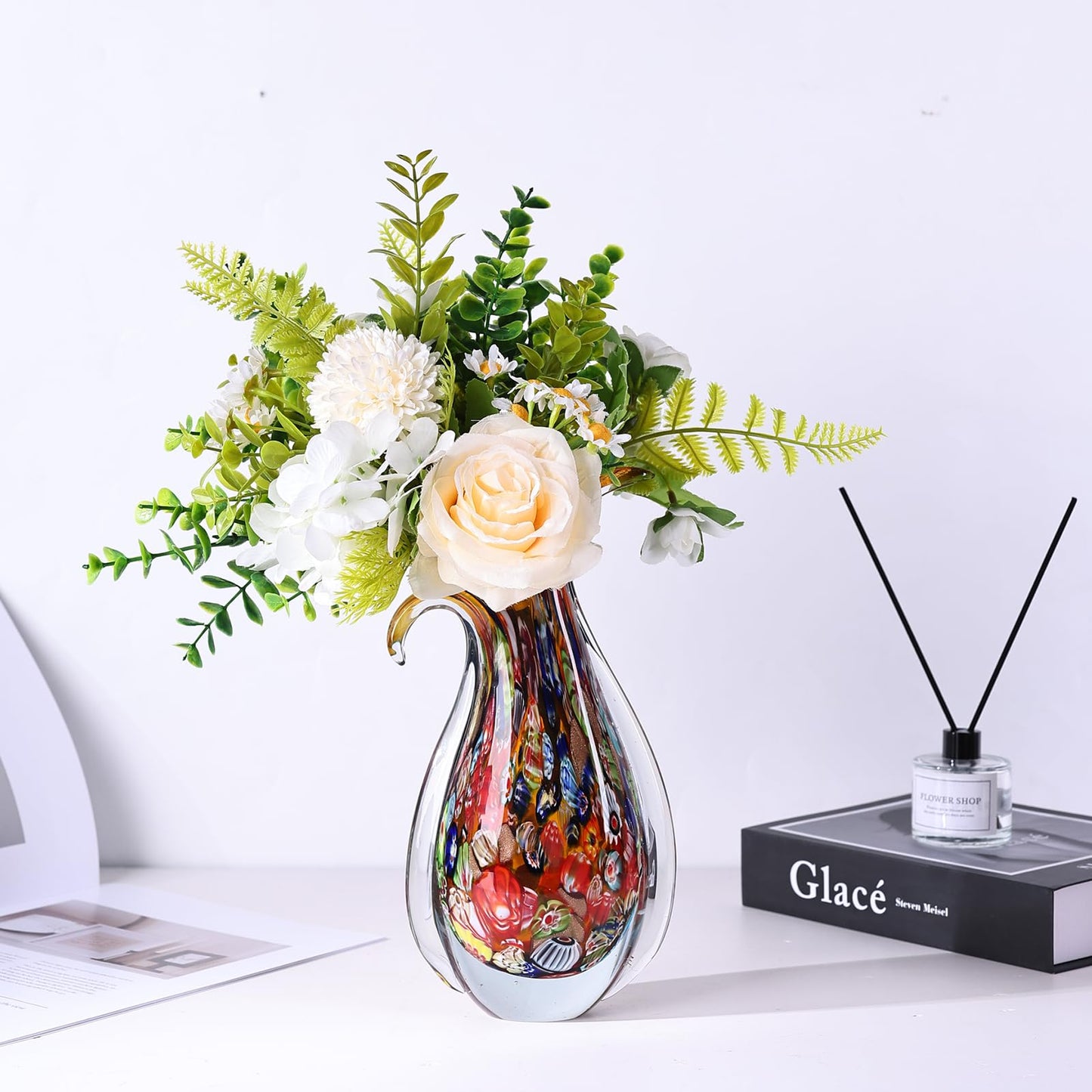 Hand Blown Glass Vase – Oval Decorative Art Glass for Centerpieces, Murano Inspired Decor for Dining Room, Entryway Table, or Shelf, Handmade Glass Vase for Home Display (Teal)
