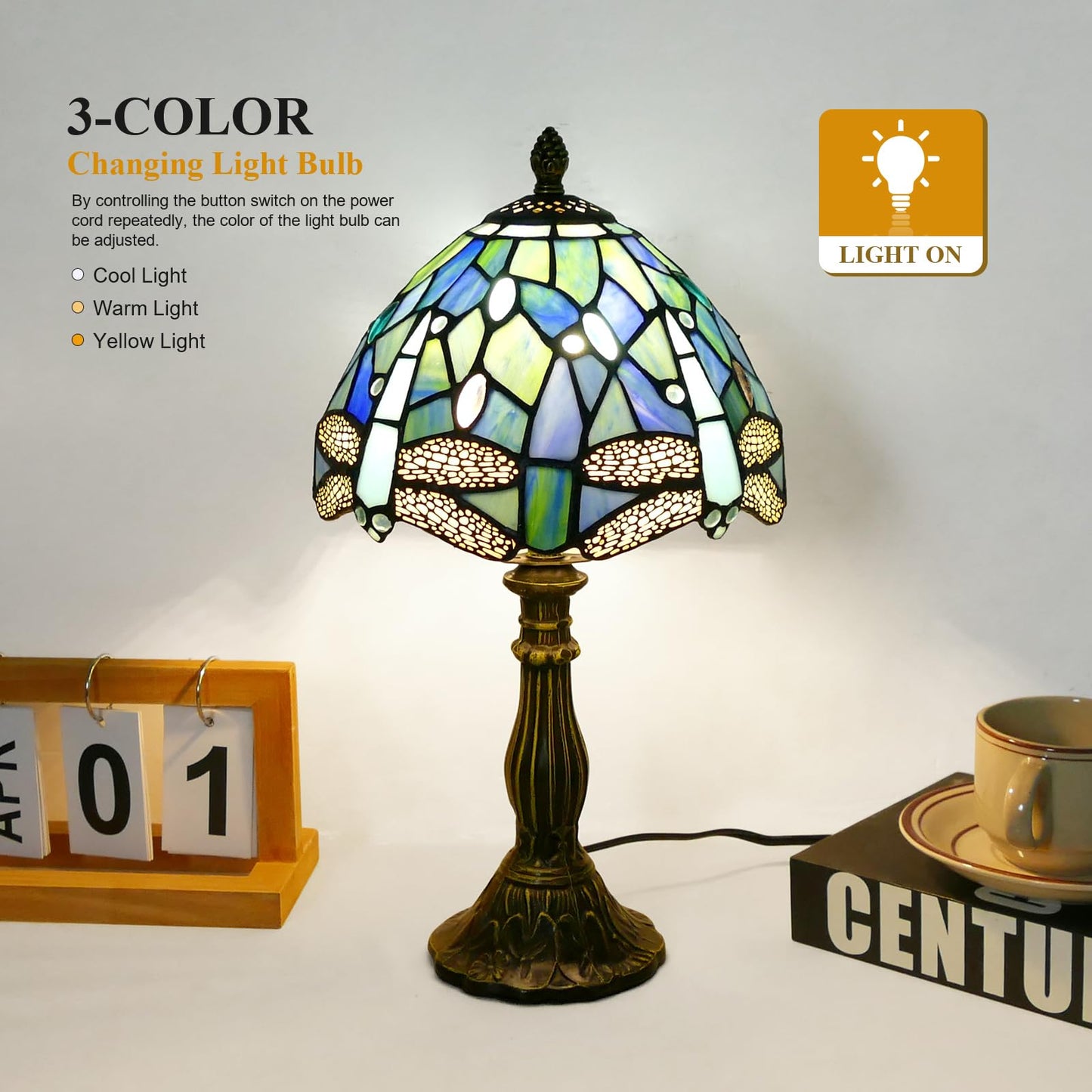 VirtueKing Tiffany Lamp Sea Blue Stained Glass Table Lamp 8X8X15 Inches Dragonfly Style Desk Reading Light Decor Beside Table Lamp for Bedroom Living Room Home Office