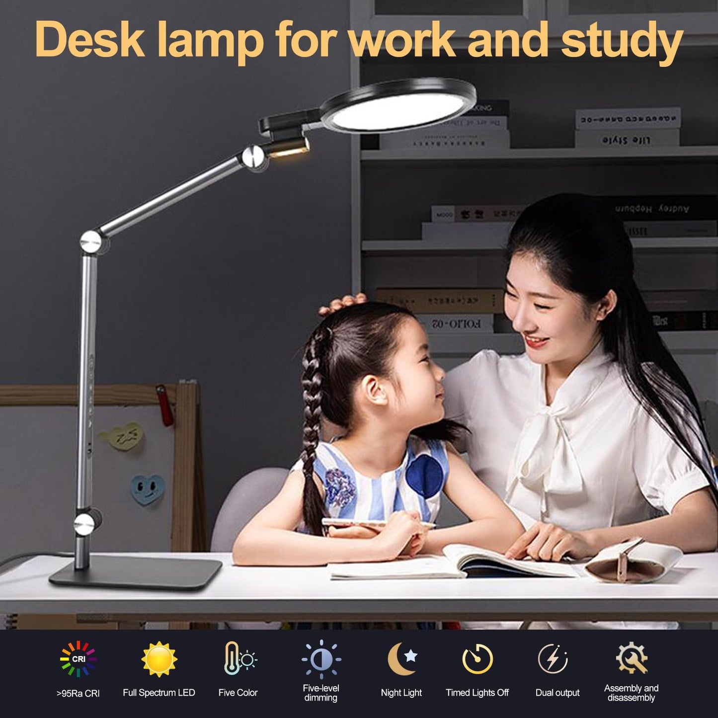 Soluneve LED Desk Lamp for Home Office with Full Spectrums Eye Care, 5 Color Color 5 Brightness, 4-Axis Flexible Rotation, Dual Output Charging, Memory & Timer Func, Desk Lamps with Small Night Light