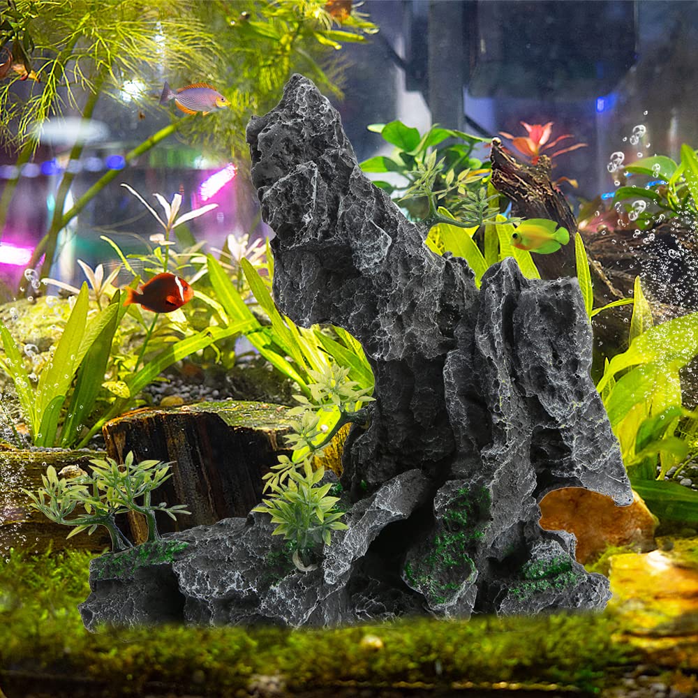 Saim Large Aquarium Mountain View Stone Ornament, Resin Rockery Fish Hiding Cave Aquarium Decoration for Amano Shrimp Cichlid to Play,Hide and Rest Fish Tank Landscape Decoration