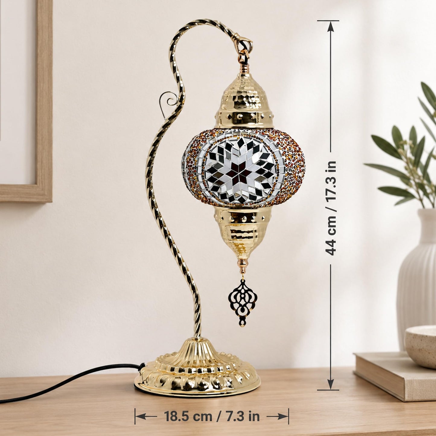 GOGERS Turkish Mosaic Table Lamp, Moroccan Style Swan Neck Bedside Lamp with Handmade Glass Shade, LED Bulb Included, Warm Ambient Decorative Accent Lamp for Bedroom, Living Room, Nightstand (Brown)