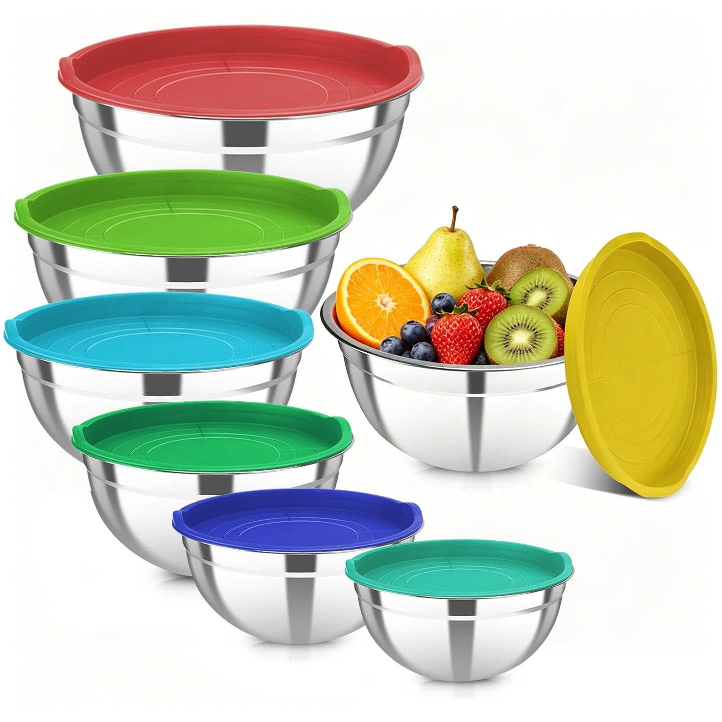 7 Pcs Stainless Steel Mixing Bowls with Colorful Lids Set Metal Salad Bowls