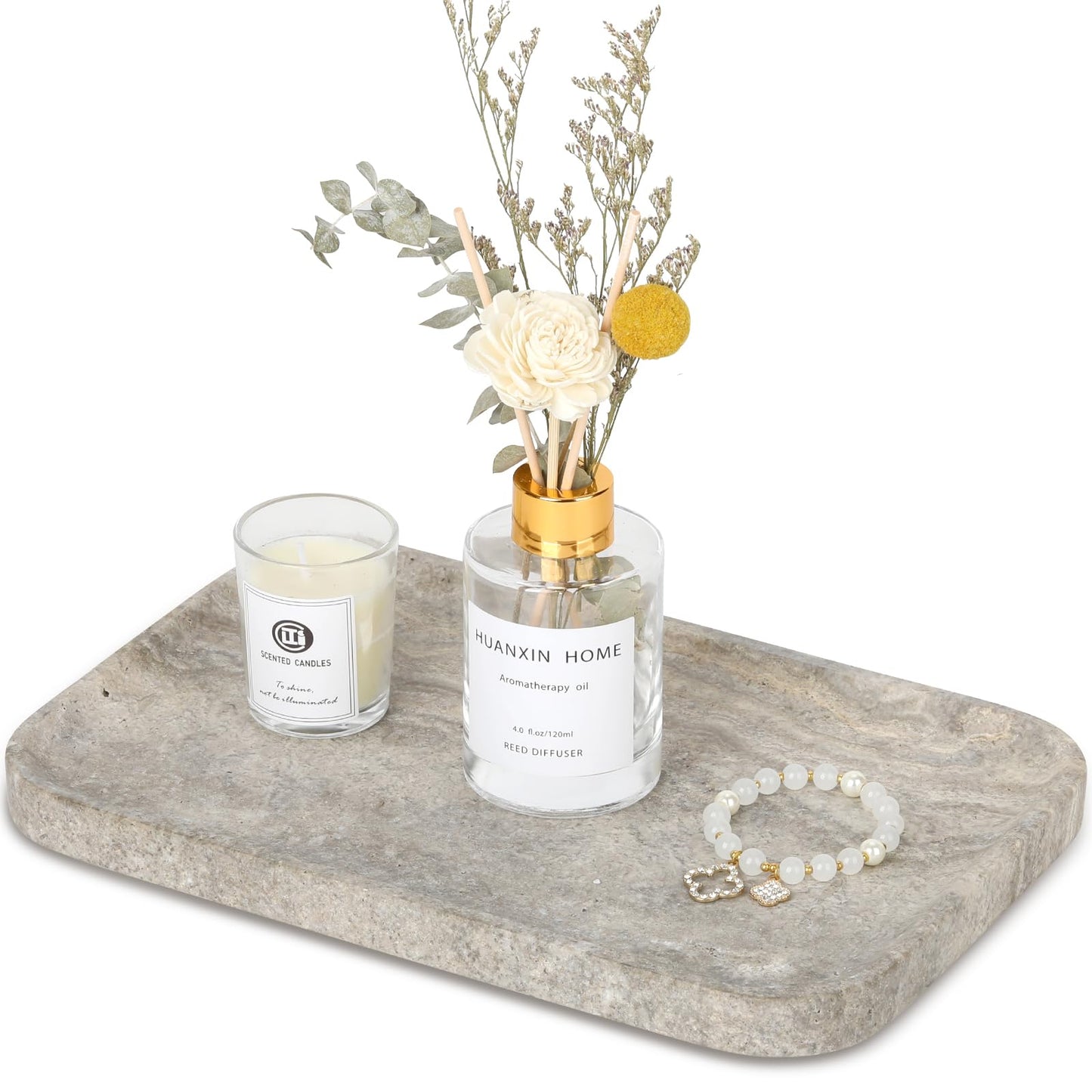 Moujings Natural Travertine Vanity Tray - Decorative Stone Marble Tray for Bathroom Countertop, Elegant Organizer for Home Decor, Jewelry, Candle, Makeup, Kitchen and Dresser Decor