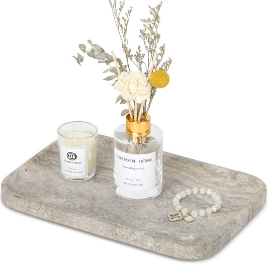 Moujings Natural Travertine Vanity Tray - Decorative Stone Marble Tray for Bathroom Countertop, Elegant Organizer for Home Decor, Jewelry, Candle, Makeup, Kitchen and Dresser Decor