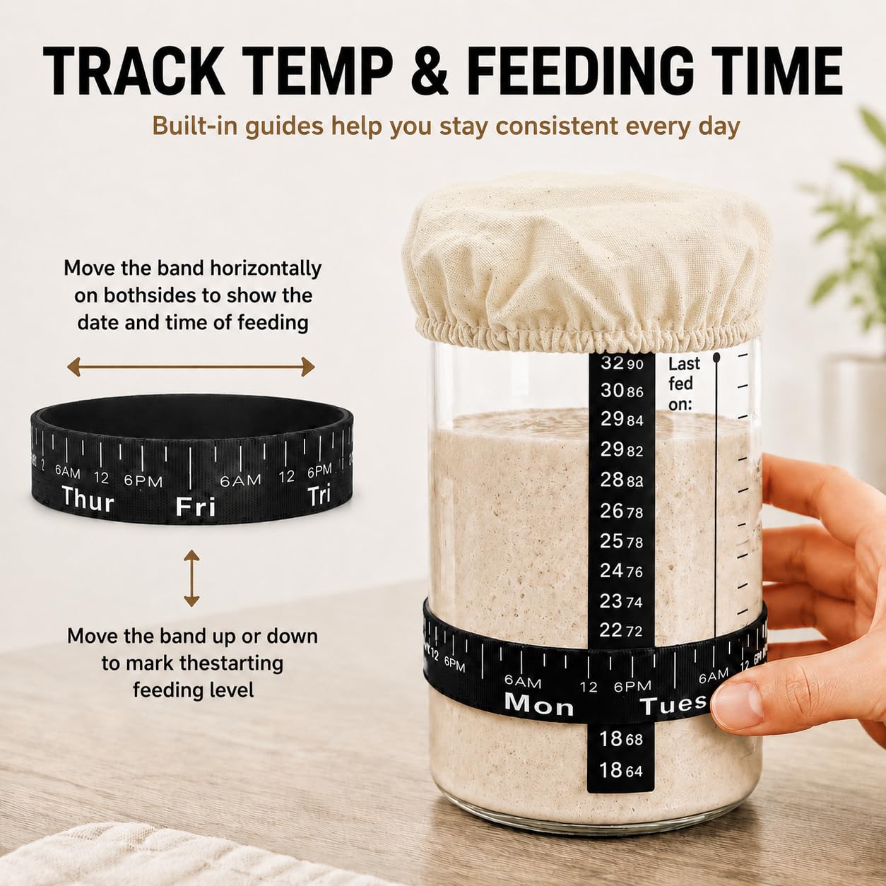 USYOGO 40oz Glass POP sourdough starter jar-With-Lid | Food-grade borosilicate glass | One-touch push-button lid | With Date Marked Feeding Band, Thermometer, Silicone Scraper, Sewn Cloth Cover