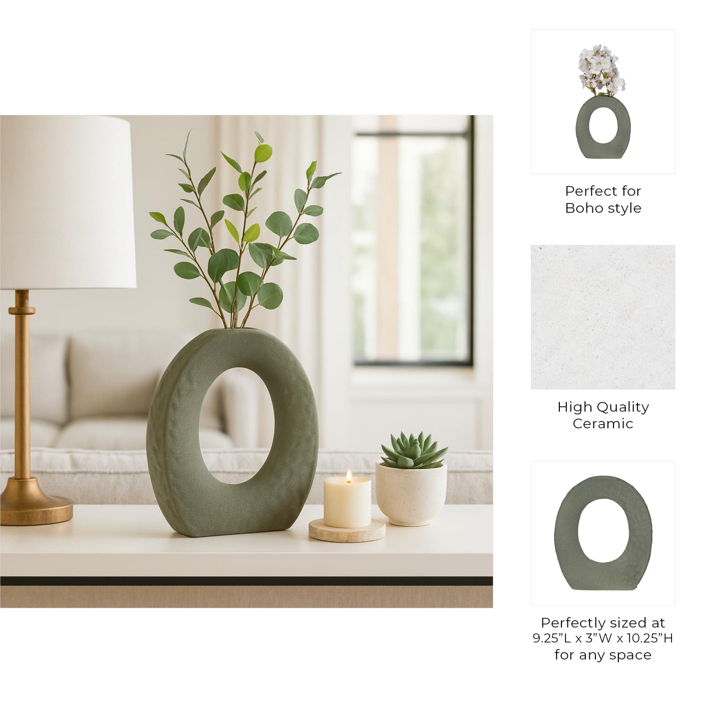 Sculpted Open Cut Out Ceramic Vase for Living Room Decor - Decorative Flower Vase for Bedroom, Home Accents, or Office Display - Ideal House Display for Shelf and Console Table - 11", Green