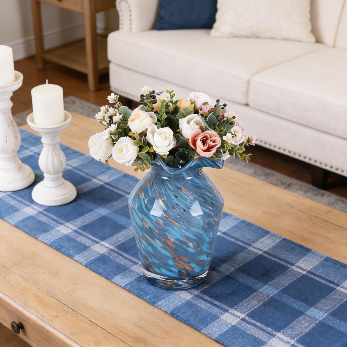11in Blue Hand Blown Large Glass Vase - High-Waisted Rhombus Ruffle | Vases Home Decor, Blown Glass Centerpiece for Dining Room Table, Decorative Glass Flower Vase for Living Room Wedding (S)