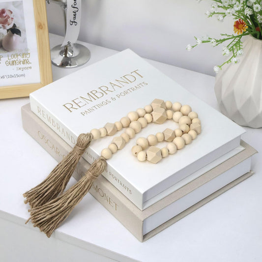 SHOWEROSE Decorative Books for Home Decor, Coffee Table Books Decor, 2 Linen Faux/Fake Books with Beads for Farmhouse Decor, Bookself, Mordern Room Decor Aesthetic