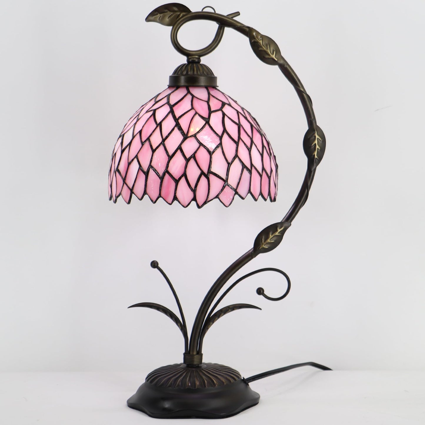 LXHCYOU Tiffany Table Lamp, Stained Glass Desk Reading Light, 8X10X19 Inches, Metal Leaf Base (Pink Wisteria)