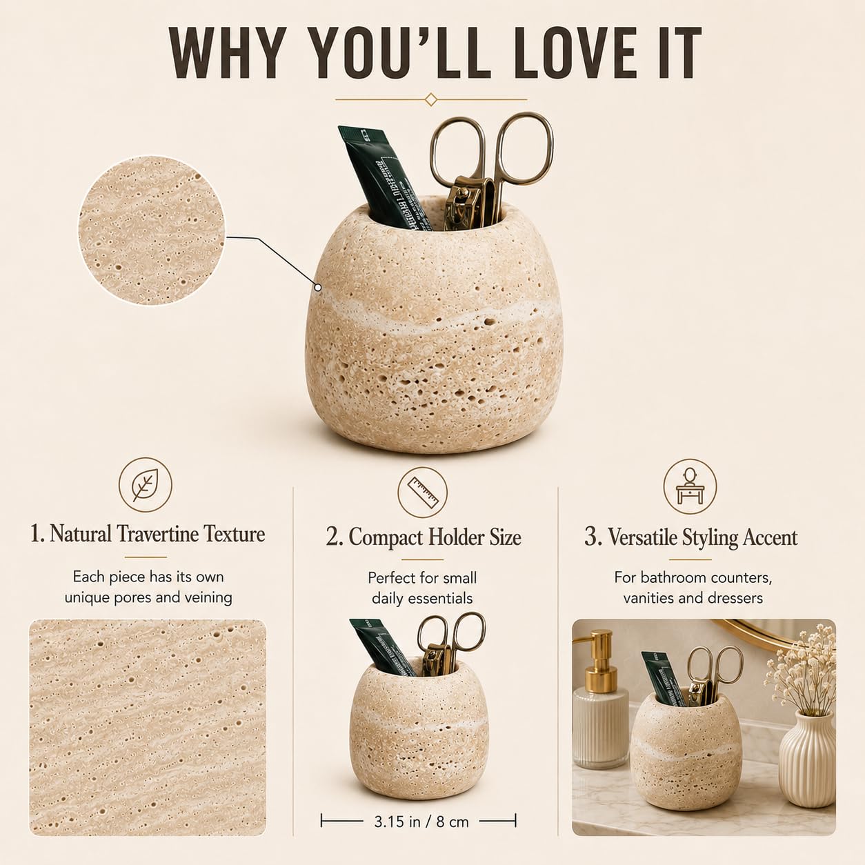 SIRIZEN-DIVING Travertine Cotton Swab Holder, Small Natural Stone Bathroom Cup for Q Tips, Matches, Toothpicks and Vanity Counter Decor, Beige