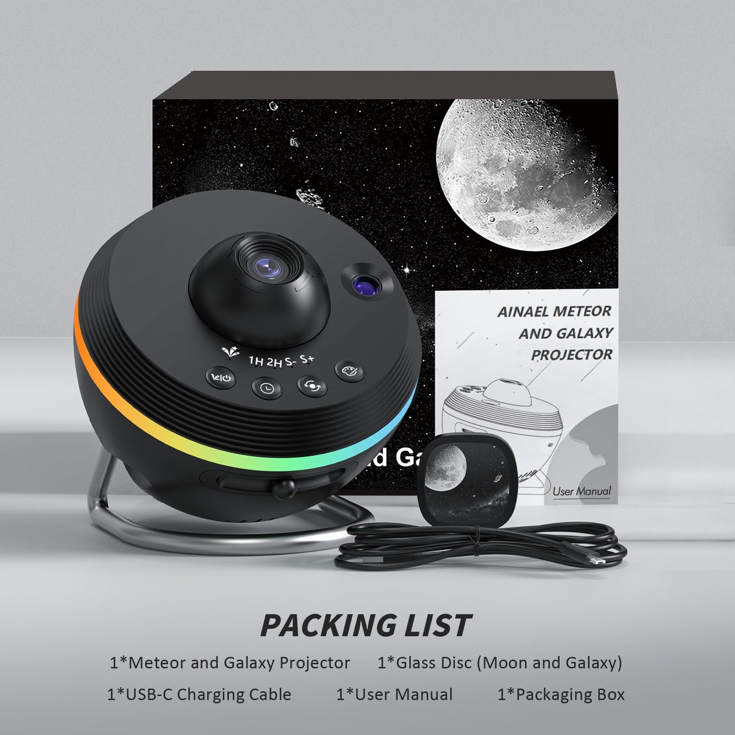 Ainael Galaxy Projector, Star Projector Home Planetarium with 1 Glass Projection Disc, 180 Rotatable Starry Sky Night Light with Meteor Effects & Light Strip for Bedroom, Kids & Adults Gift