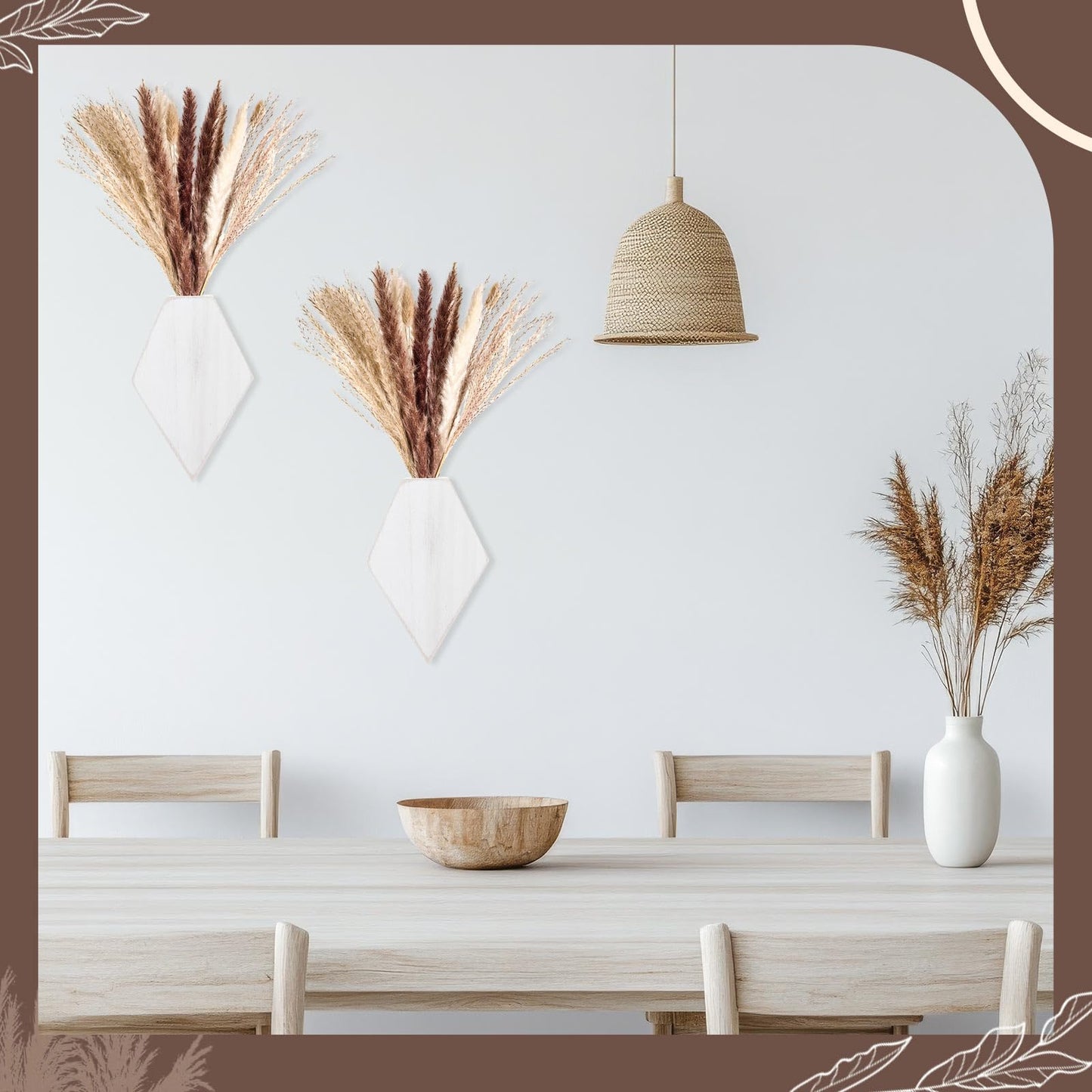 Fiwochic 2 Pcs Bohemian Wooden Wall Planter Set with Pampas Grass Modern Farmhouse Wall Decor for Living Room, Bathroom, Bedroom, Office(White Distressed,Regular Style)