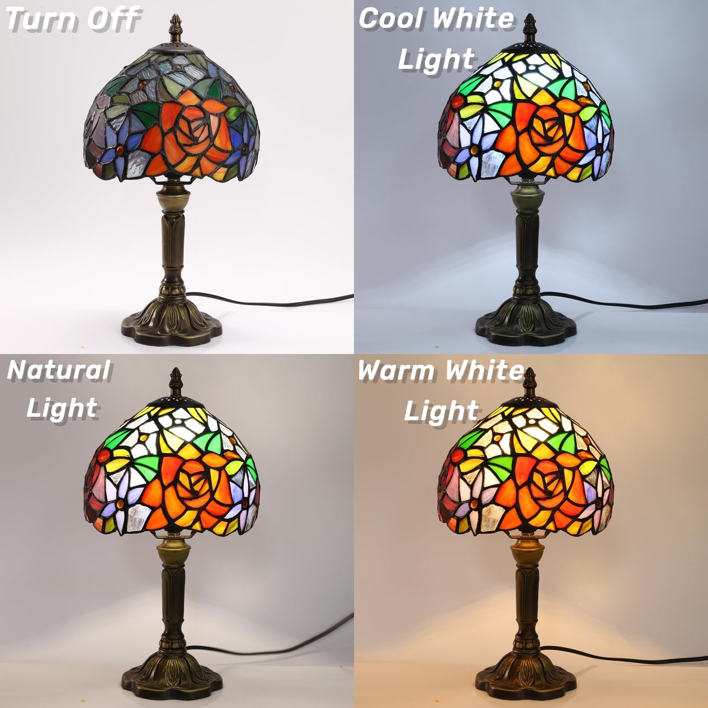 FUMAT Rose Tiffany Small Table Lamp 3 Way Color Temperatures Stained Glass Bedside Nightstand Table Lamps for Living Room,Bedroom, Home Office Reading Desk Lamp+LED Bulb,8X8X15 Inch
