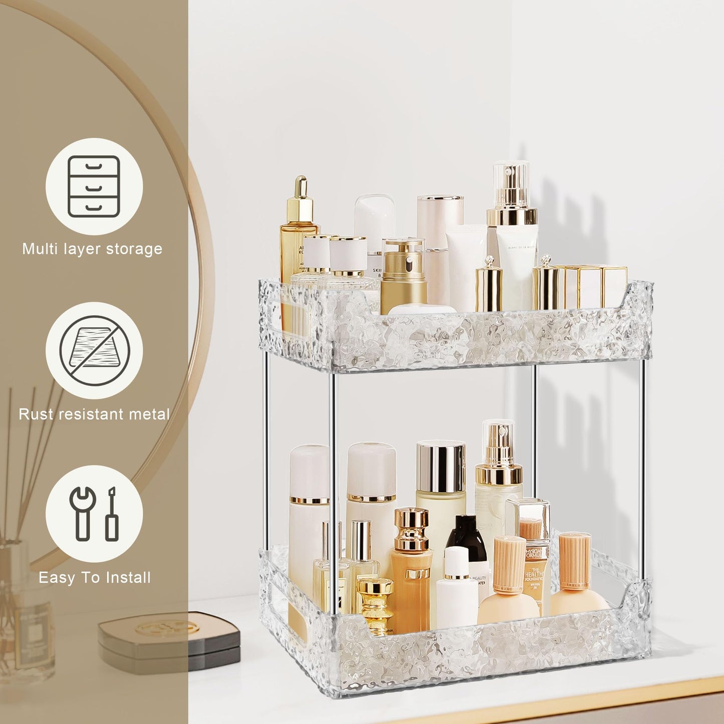 TENDER EPOCH 2-Tier Bathroom Counter Organizer Countertop Storage, Dresser Organizer Vanity Tray for Makeup, Perfume Organizer Cosmetics Skincare Shelf - Clear