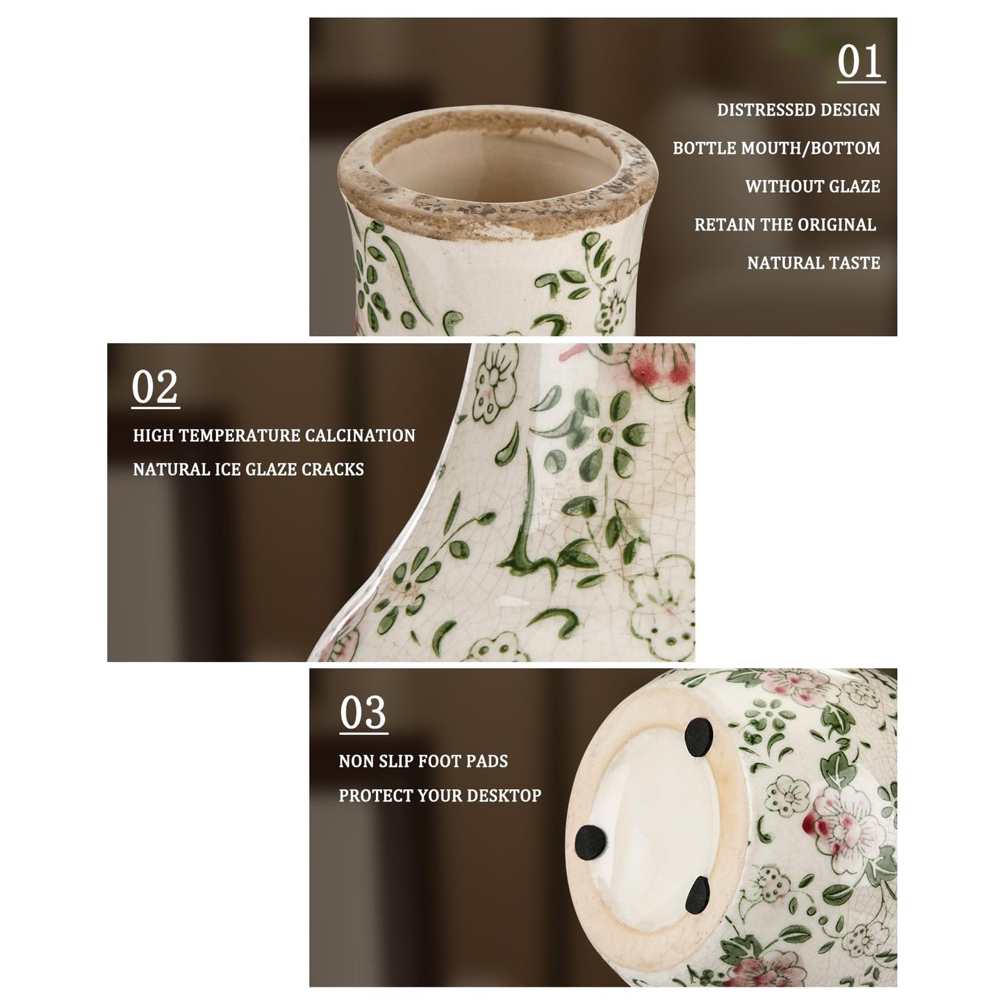 LemonRoad Vintage Ceramic Flower Vase 5.7 Inch Chinoiserie Ice Cracked Glaze Porcelain Vase Rustic Ceramic Large Centerpieces for Home Table Living Room Bookshelf Office(Plum Blossom Style)