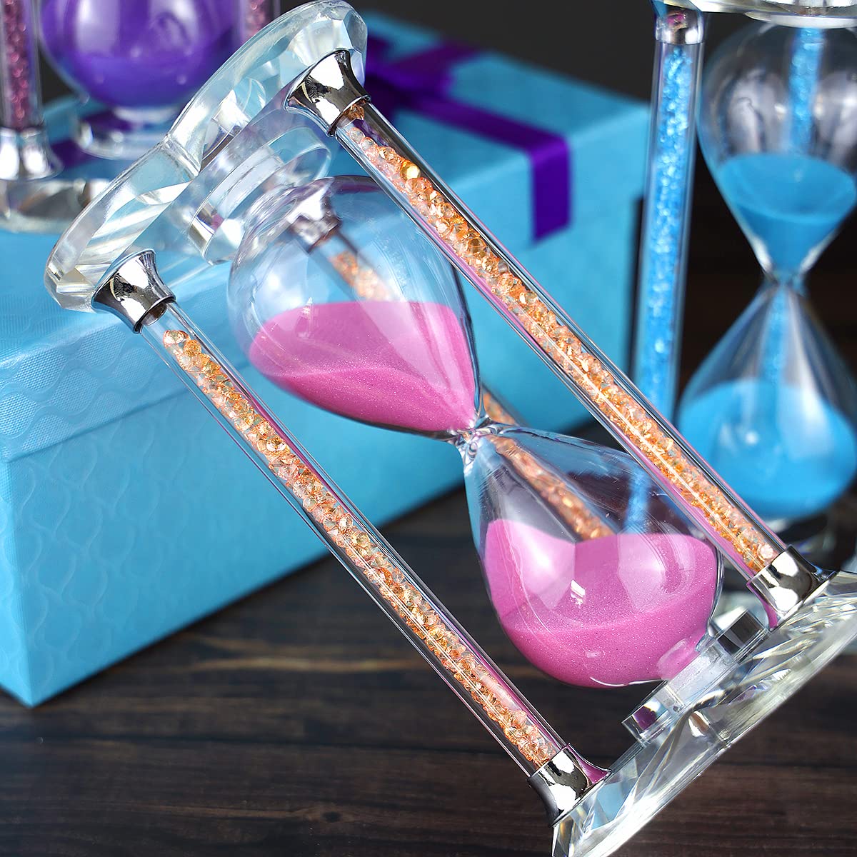 60 Minutes Sand Timers,Heart Shaped Crystal Hourglass, Sand Clock with Gift Box (Pink)