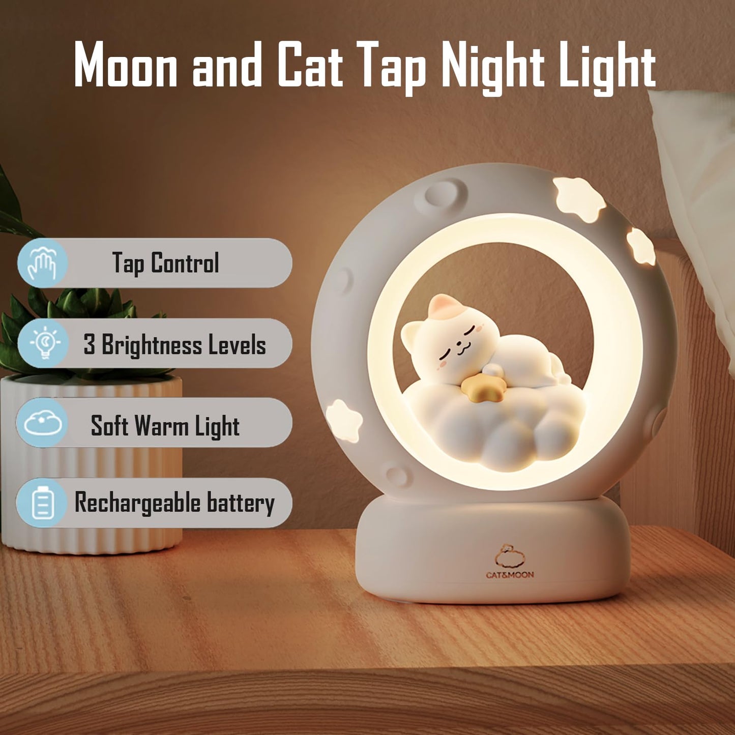 kvppvt Moon and Cat Rechargeable Night Light, Safe PVC and ABS Material, 3 Brightness Levels, Tap Control, Warm Light, Toddler Sleeping Lamp, Bedroom Night Lamp, Gift for Baby and Kid (Moon and Cat)