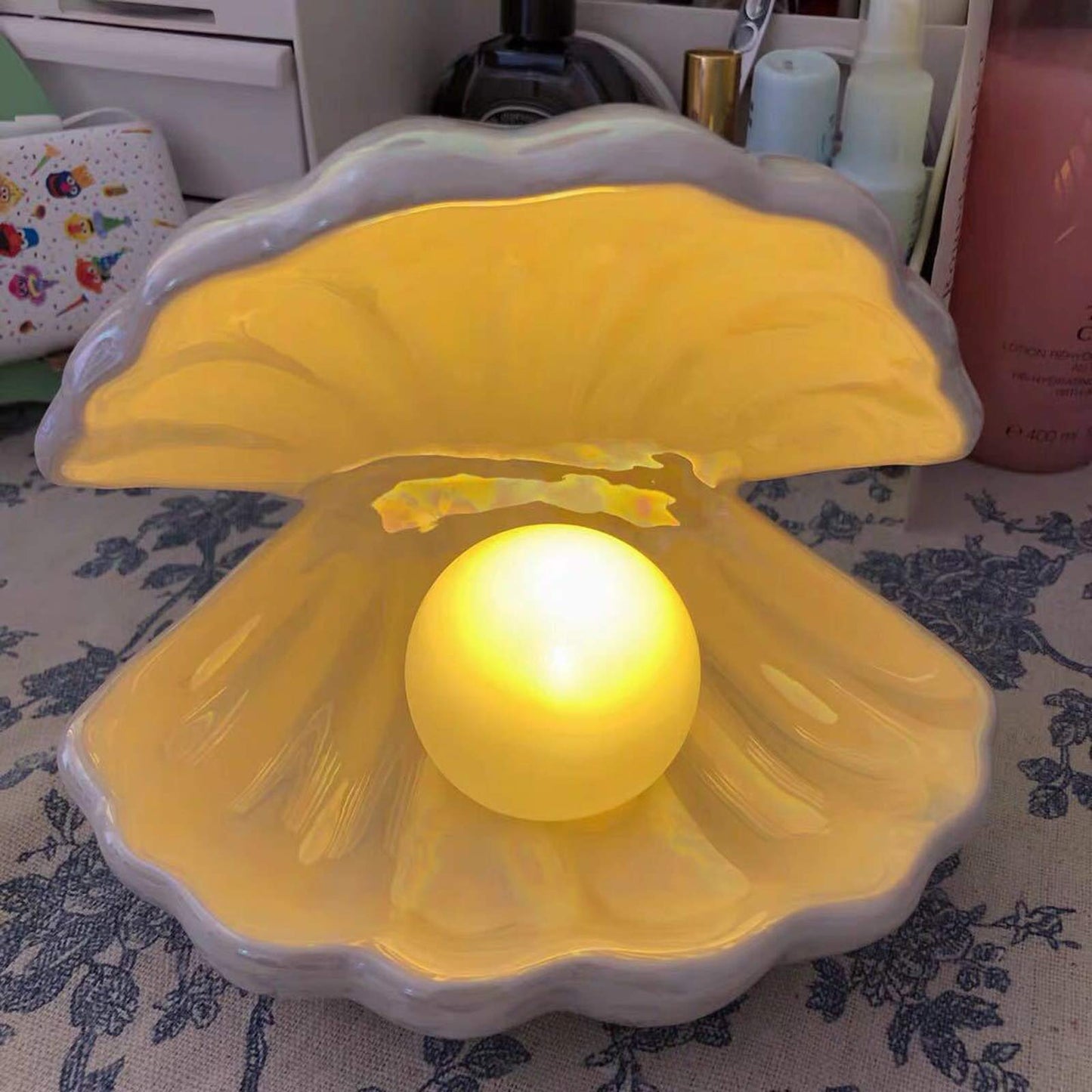 BinaryABC Ceramics Shell Pearl Light Led Lamp Portable Night Light Tabletop Light,Christmas Gift(White)