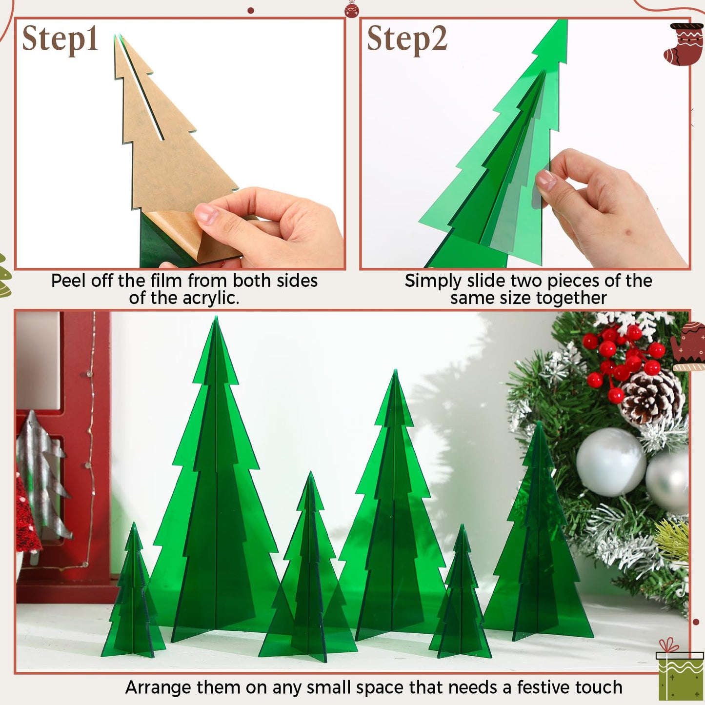 DoubleFill 6 Pcs Christmas in July Acrylic Tree Centerpieces, 4" to 10" 3D Mini Xmas Tree Tabletop Decoration Christmas in July Decorations for Office Home Modern Party Winter Decor(Green)