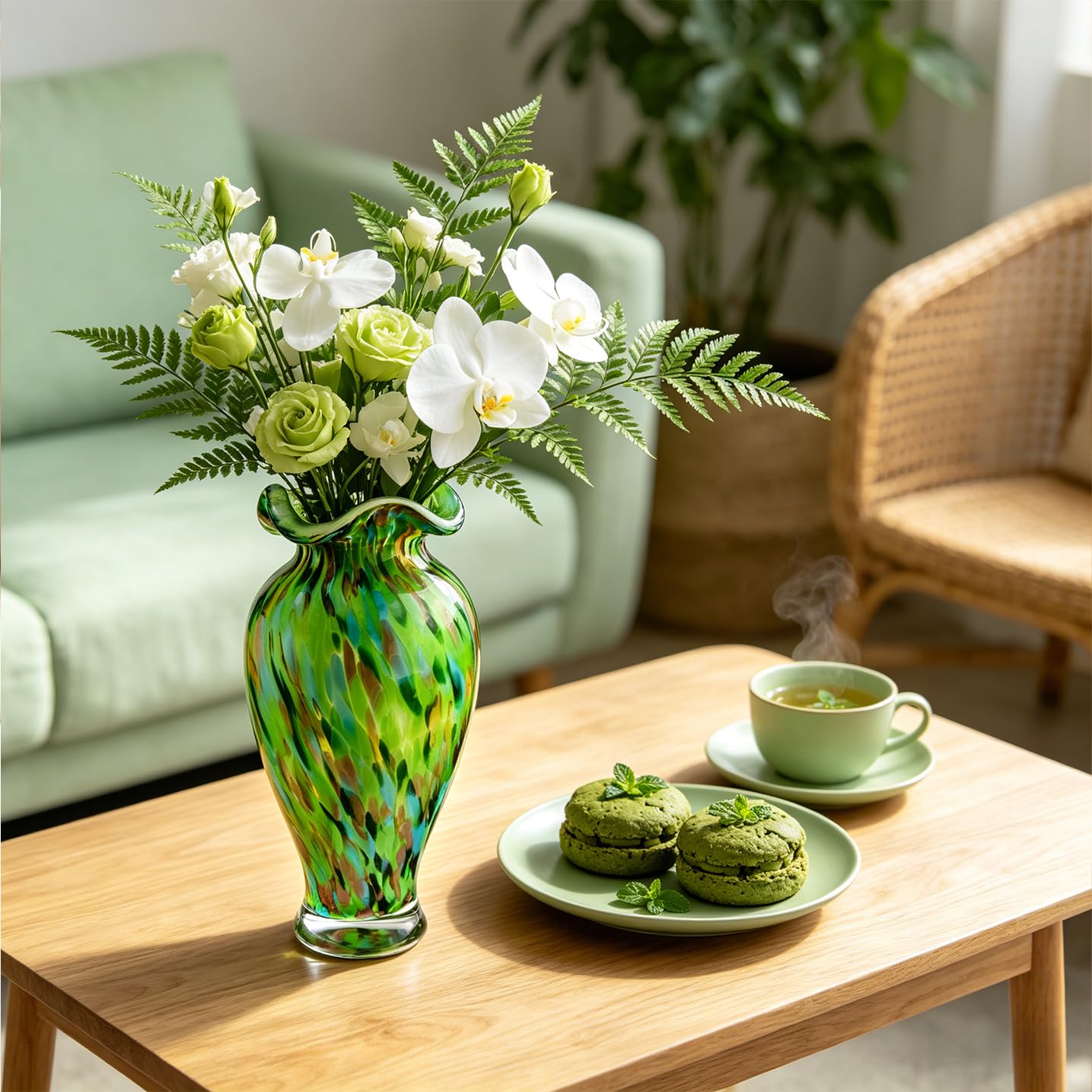Hand Blown Glass Vase, 12 inch Tall Unique Emerald Green Crystal Flower Vase, Large Art Glass Home Table Centerpieces for Floral Bouquet Decorations