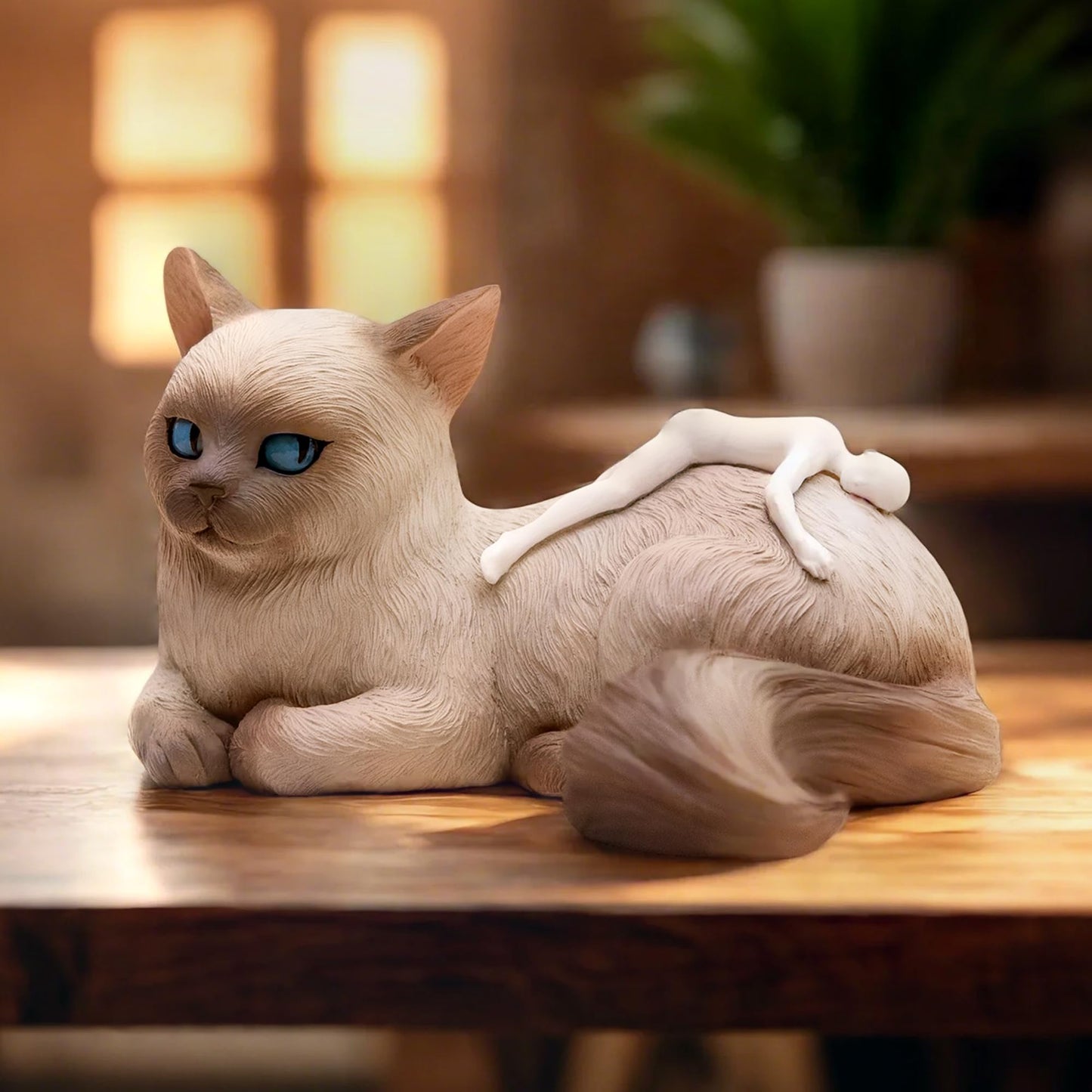 JARLL Handcrafted Birman Cat Figurine with Resting Human, Symbolic Sculpture of Trust and Emotional Bond, Unique Home Decor Gift for Cat Lovers & Pet Owners