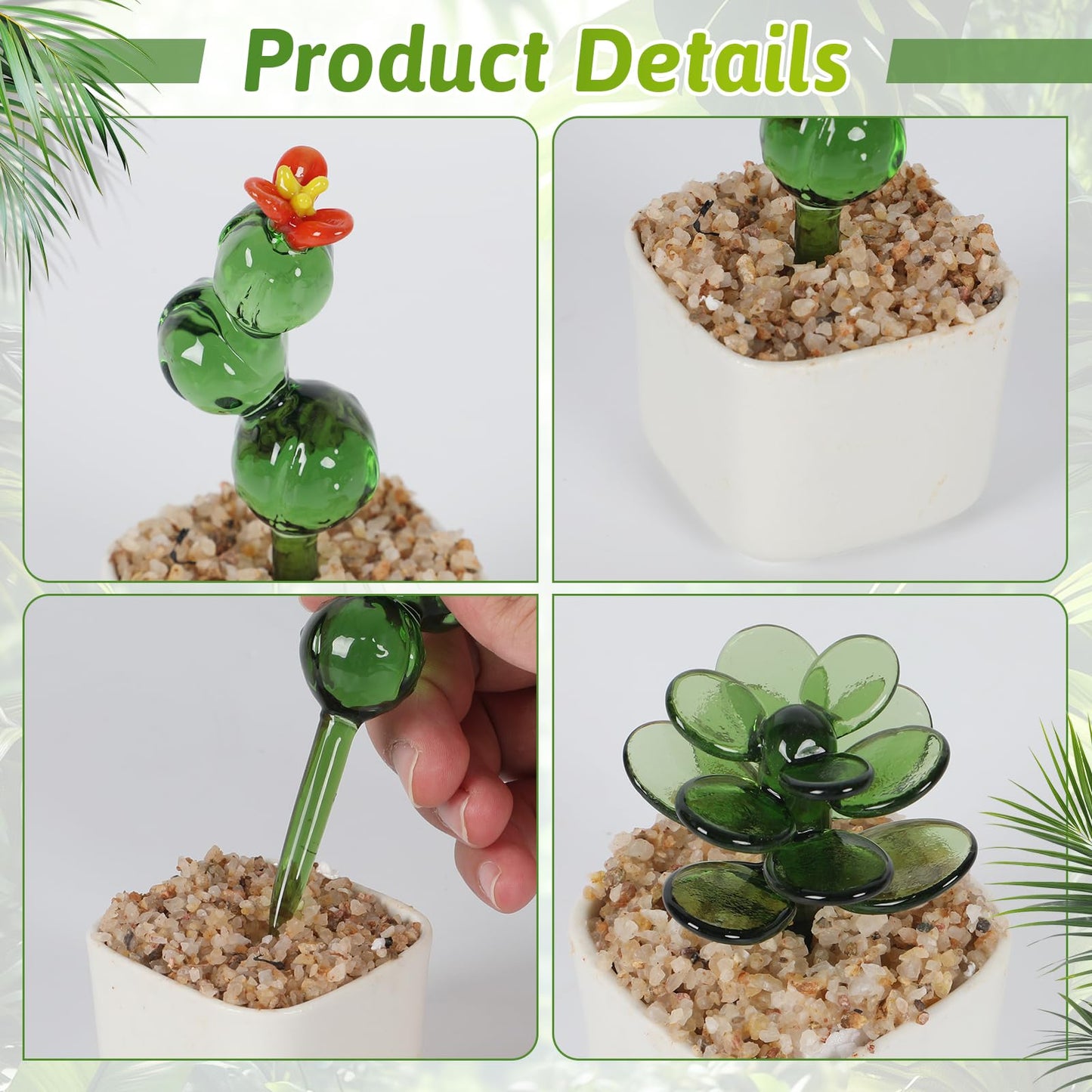 2PCS Decorative Glass Cactus Figurine in White Ceramic Pot, Cactus Desk Accessories, Plant Bonsai Figurine Decoration, Cactus Decor Use for Living Room, Balcony, Desk, Idea Gift for Succulent Lovers