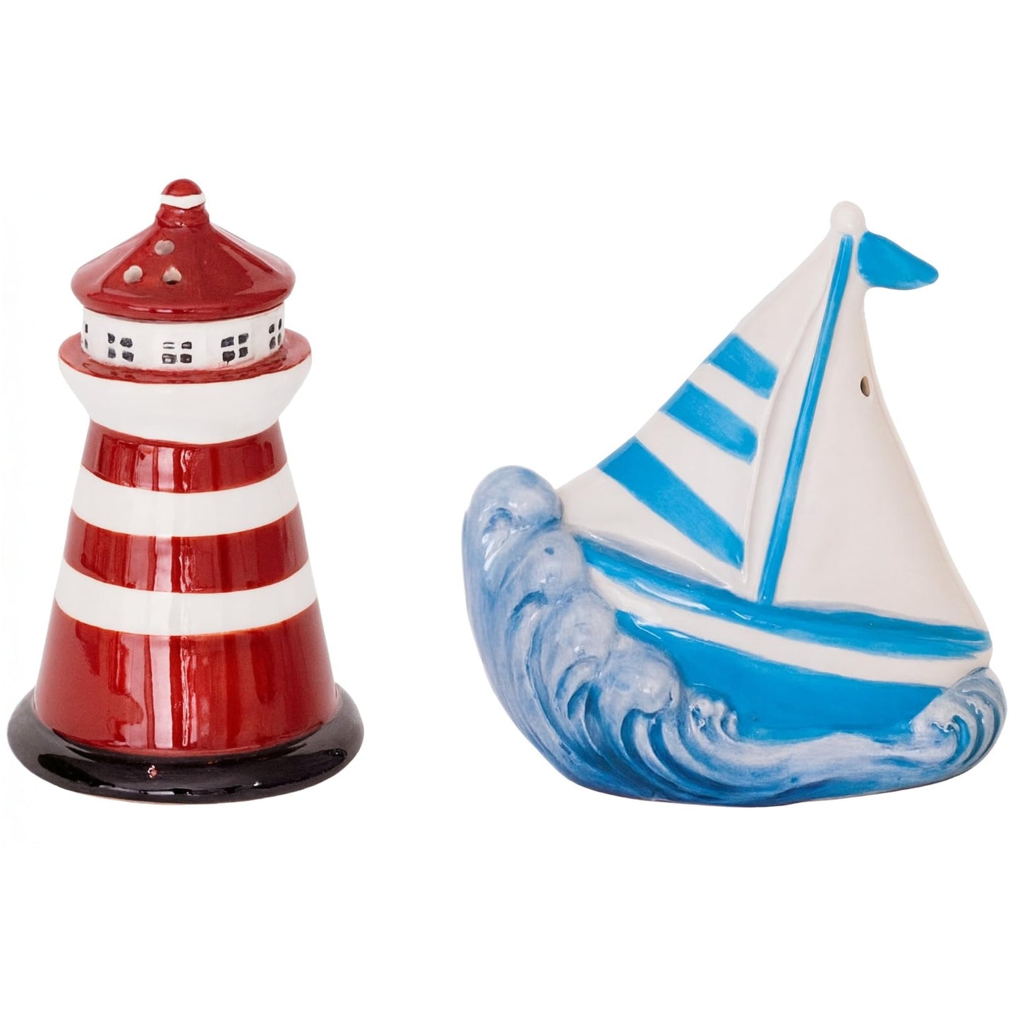 Blue Sky Clayworks Lighthouse & Sailboat Salt & Pepper Shaker Set, Ceramic, 3.5" L x 2" W x 3.5" H, Coastal Tabletop Duo