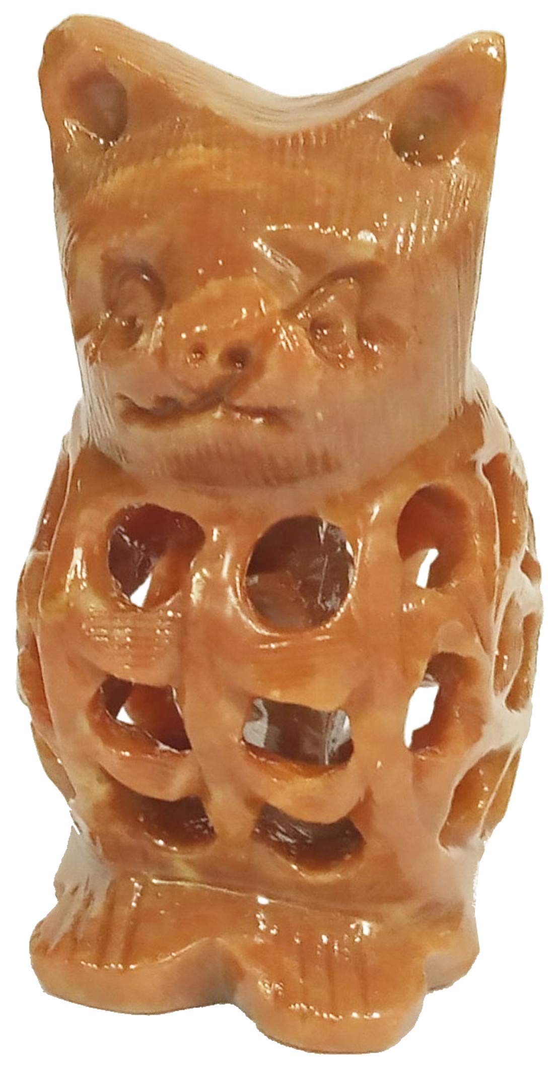 Purpledip Soapstone Statue Nested Cats: Lattice Design Jaali Work Mesh Sculpture (12137)