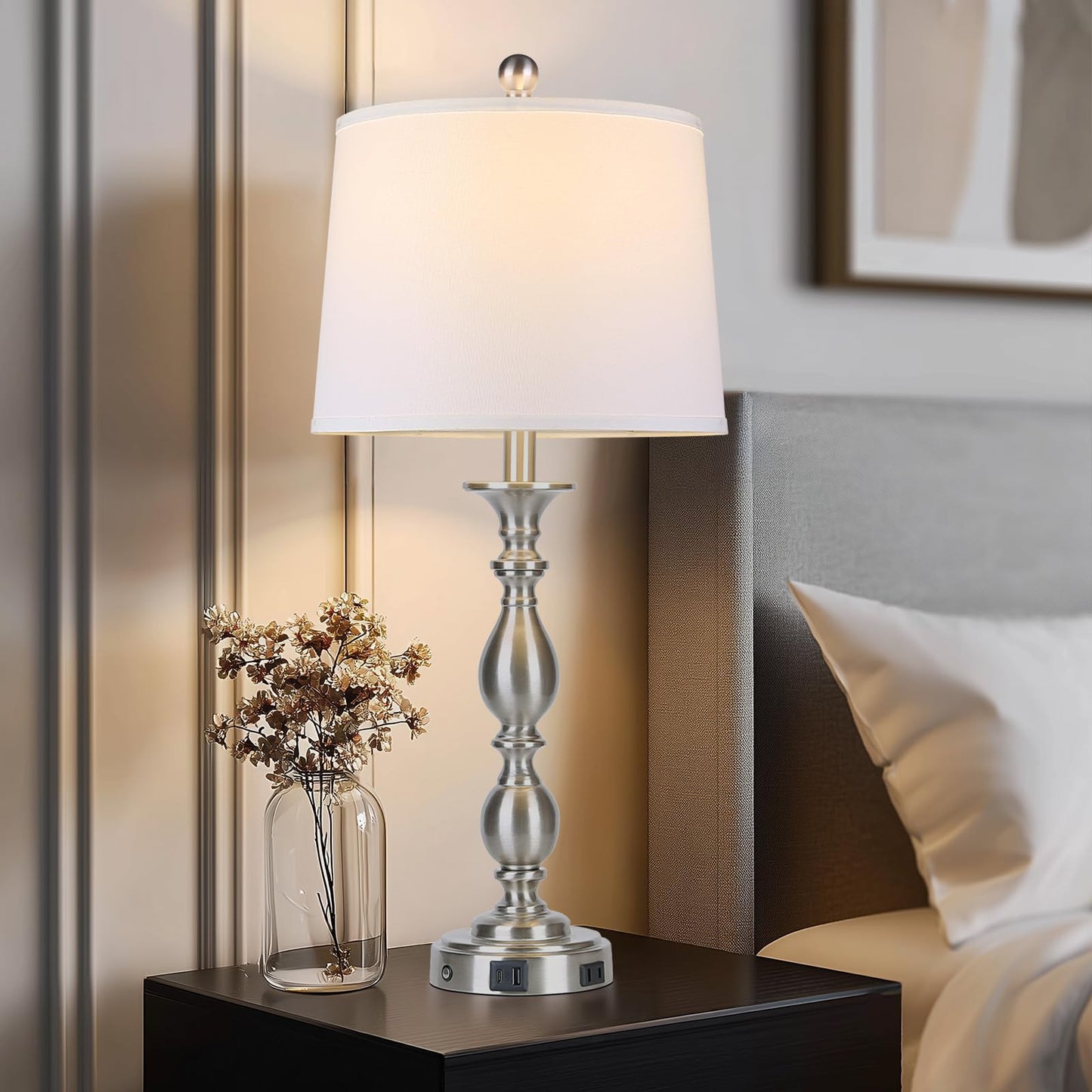 MOUVOVO 28" Tall Modern Table Lamps Set of 2 with USB A+C Ports and AC Outlet, 3 Way Touch Metal Bedside Lamps for Bedroom, Silver Farmhouse Nightstand Lamps for Living Room