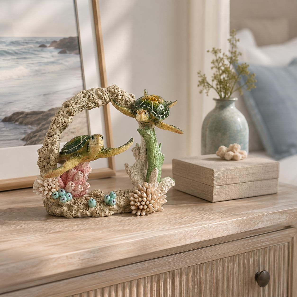 Comfy Hour 9" Sea Turtle Figurine on Coral Reef, Decorative Coastal Sculpture for Home Office Desktop, Artisan Crafted Marine Animal Statue, Ocean Voyage Collection, 1 Unit
