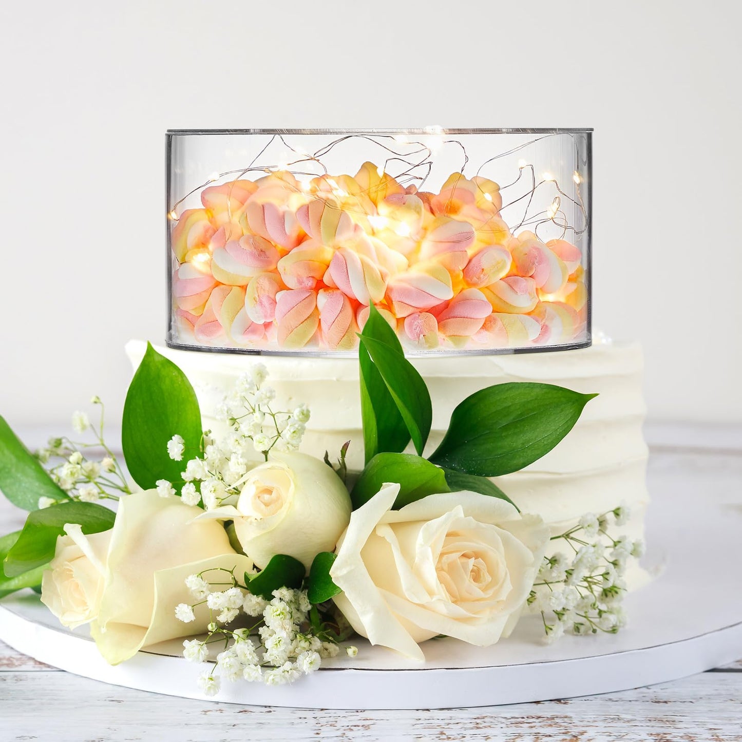 Sunnyray 2 Pcs Acrylic Cake Stands for Dessert Table Clear Fillable Cake Riser Cupcake Tier with LED Strings for Birthday Wedding Holiday Party Display(10", 14")