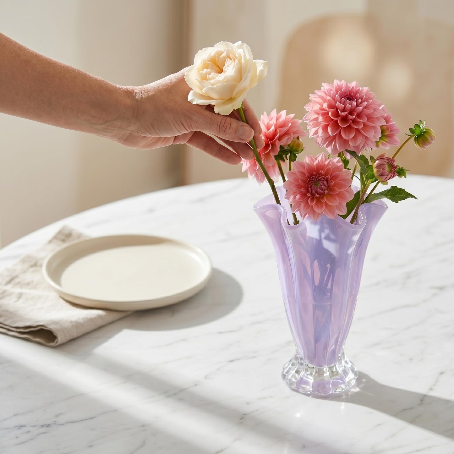 Ruffled Vase Display with Wavy Rim, Hand Blown Glass Vase for Flowers, Blown Glass Decor Centerpiece with Ribbed Panels for Tabletop Shelf Mantel Home Decor (Purple)