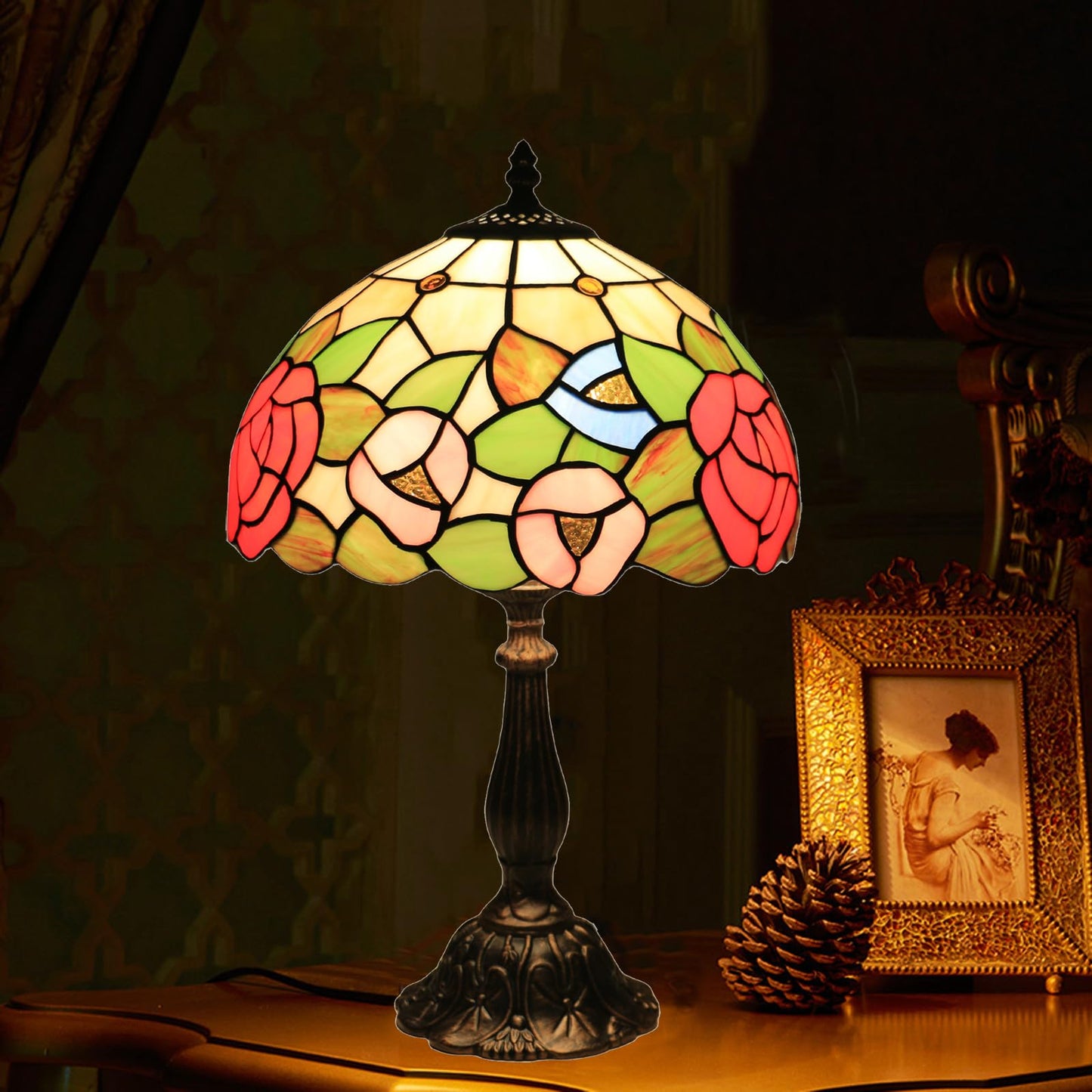 tuomoxte Tiffany Style Table Lamp, Stained Glass Bedside Lamp, Handmade Antique Desk Lamp, Red Rose Pattern, for Living Room Bedroom Home Office, Height 19 Inch, Width 12 Inch, Include LED Bulb