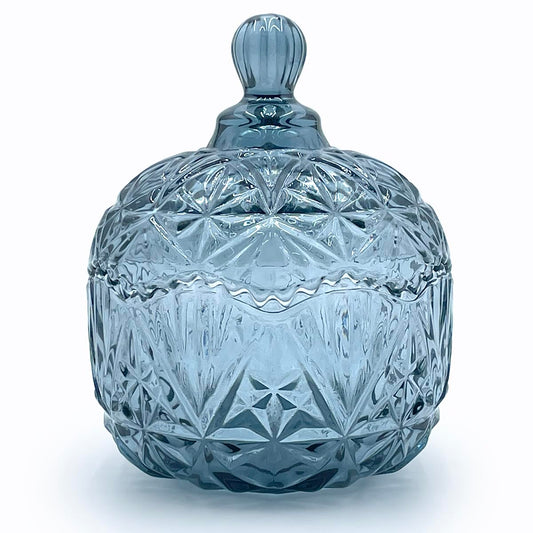 EWEIGEER Colorful Crystal Glass Candy Snack Jar Candy Dish With Lids Jewelry Jar Blue Room Bedroom Decor(Blue Grey)