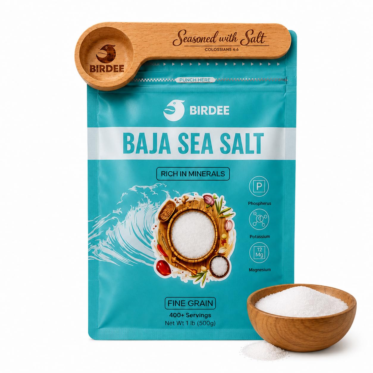 Birdee Culinary Gift Set, Solar-Dried Mineral Rich Fine Grain Sea Salt from Vietnam, 17.6 oz (500g) Pouch with Engraved Hardwood Spoon Bag Sealer Clip, Seasoned with Salt Colossians 4:6