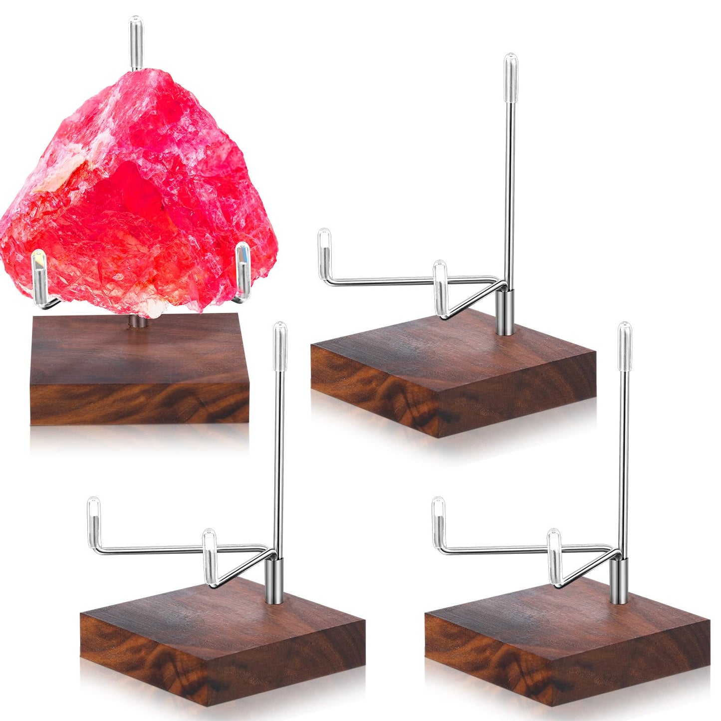 Wenqik 4 Pcs Crystal Display Stand Rock Display Stand Adjustable Metal Arms with Wooden Base Geodes Rock Agate Mineral Easel Holder for Collectibles(3.15 x 3.15 x 4.65 Inch,Silver)