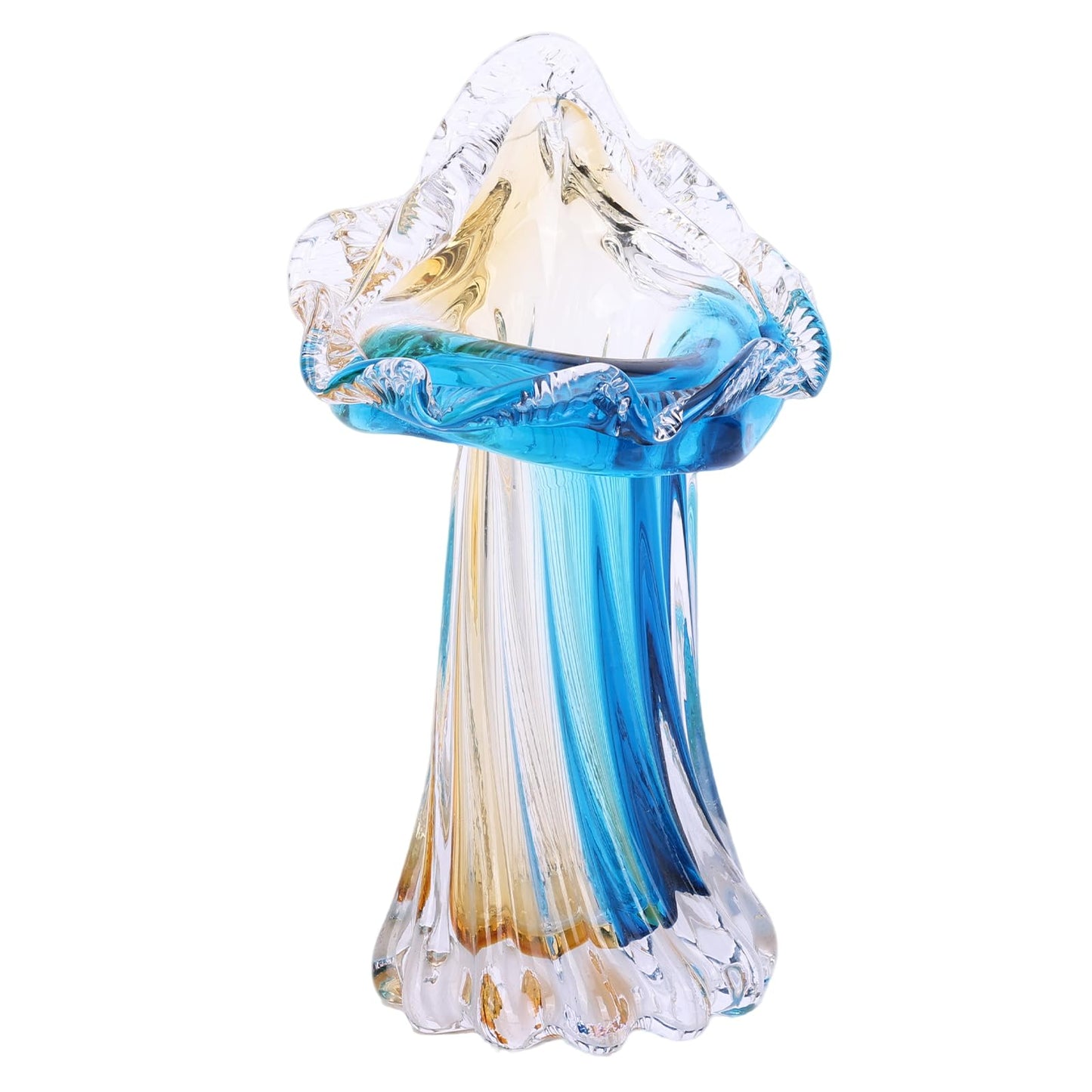 Unique Blue & Gold Hand Blown Art Glass Vase - Blue & Gold Sculptural Flower Vase for Centerpieces, Home Decor & Living Room Table, Centerpieces & Gift