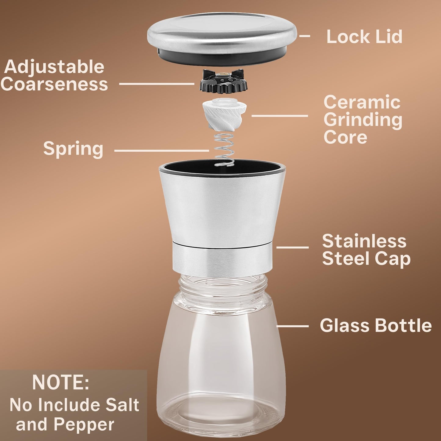 M JINGMEI Stainless Steel Salt and Pepper Grinder Set - Short Glass Shaker, Pepper Mill & Salt Mill with Adjustable Coarseness, Refillable for Himalayan or Sea Salt, Black Peppercorn, with Bonus Stand